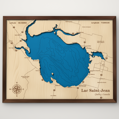 Lac Saint-Jean, Québec, Canada, layered wood map with blue painted water and stained walnut frame, by Dirt Road Barns