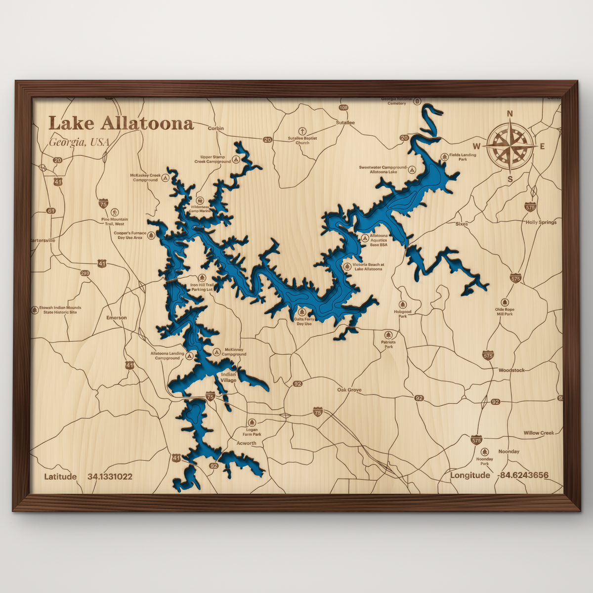 Lake Allatoona, Georgia, layered wood map with blue painted water and stained walnut frame, by Dirt Road Barns