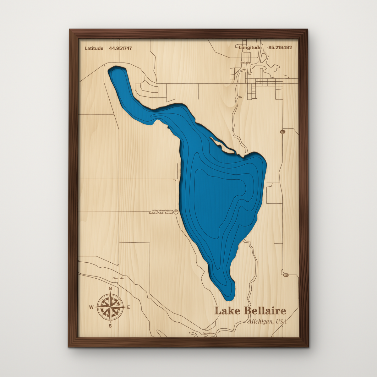 Lake Bellaire, Michigan, layered wood map with blue painted water and stained walnut frame, by Dirt Road Barns