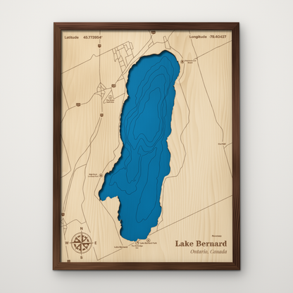 Lake Bernard, Ontario, layered wood map with blue painted water and stained walnut frame, by Dirt Road Barns