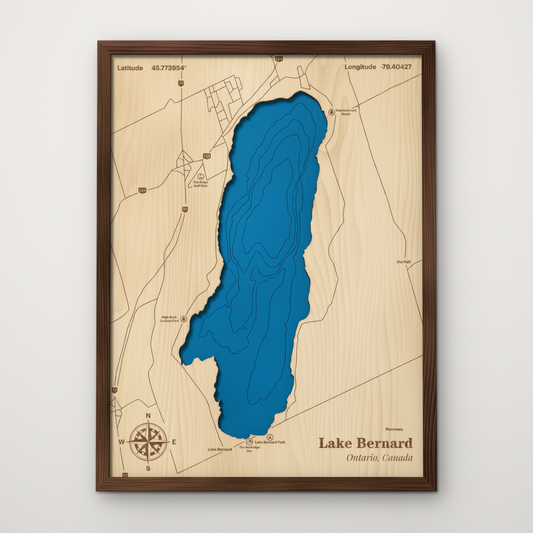 Lake Bernard, Ontario, layered wood map with blue painted water and stained walnut frame, by Dirt Road Barns