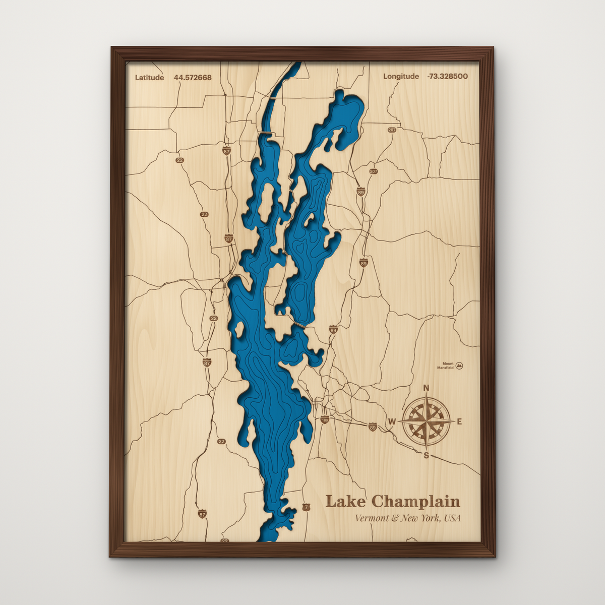 Lake Champlain, Vermont and New York, layered wood map with blue painted water and stained walnut frame, by Dirt Road Barns