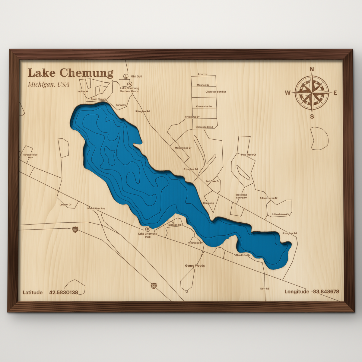 Lake Chemung, Michigan, layered wood map with blue painted water and stained walnut frame, by Dirt Road Barns