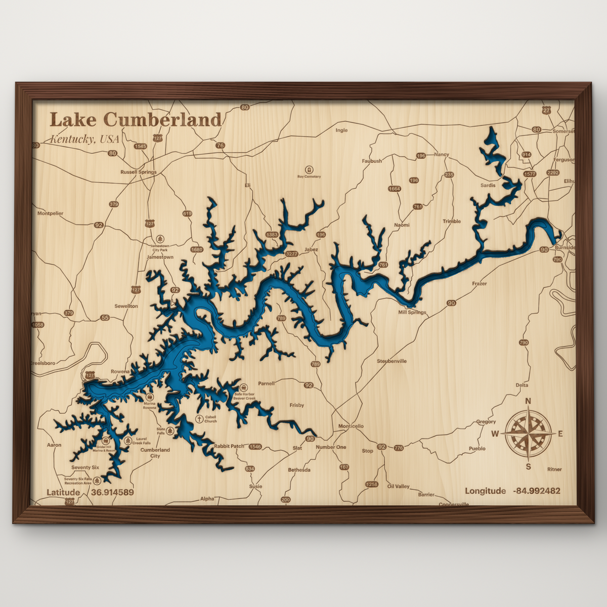 Lake Cumberland, Kentucky, layered wood map with blue painted water and stained walnut frame, by Dirt Road Barns