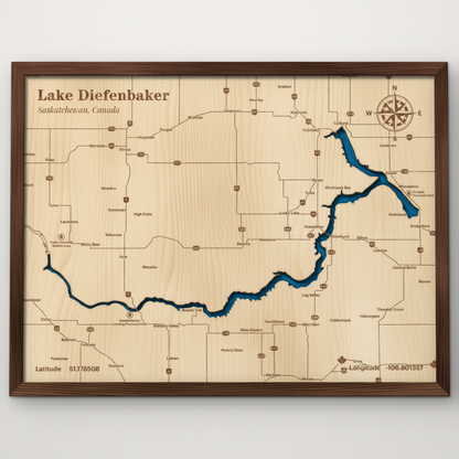 Lake Diefenbaker, Saskatchewan, layered wood map with blue painted water and stained walnut frame, by Dirt Road Barns