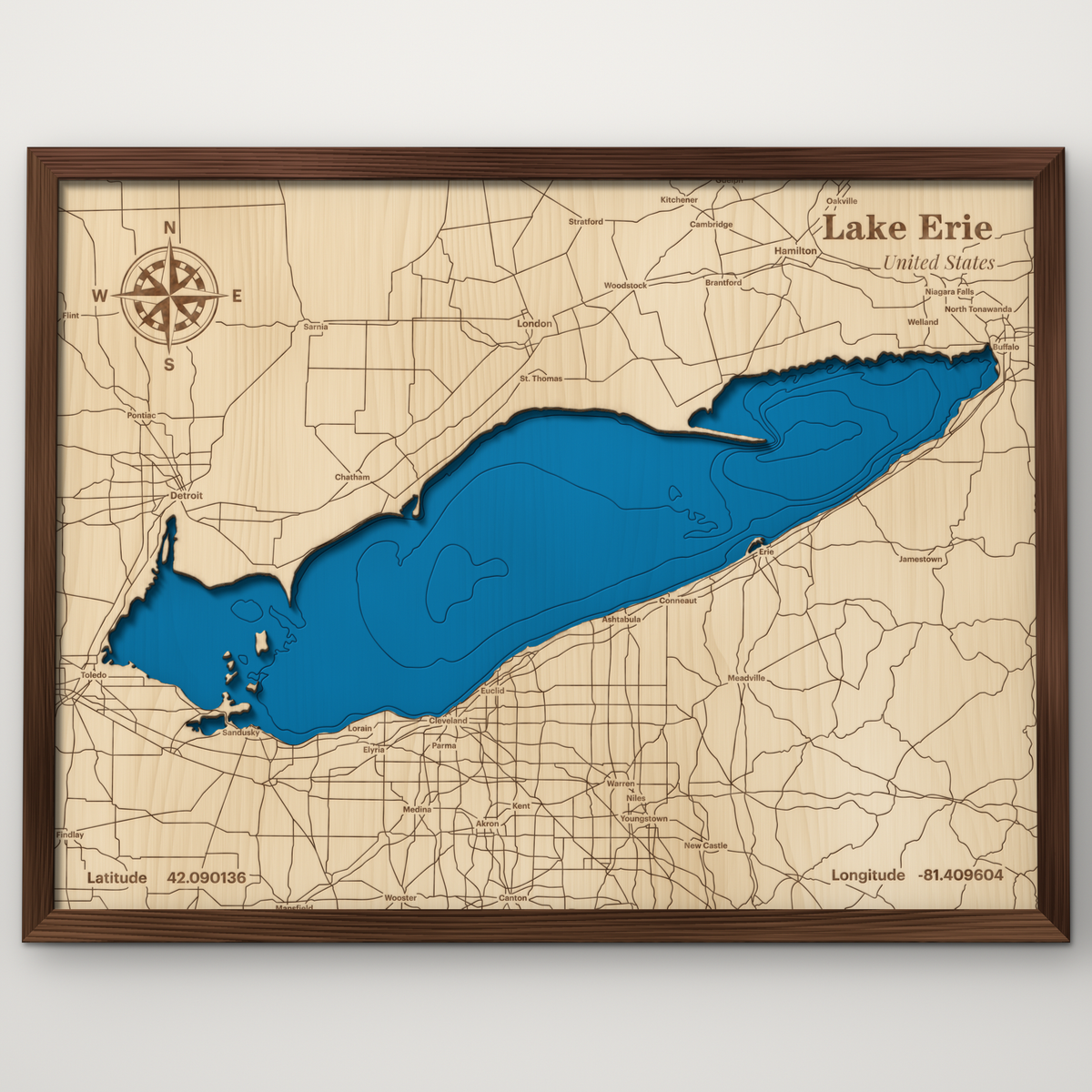 Lake Erie layered wood map with blue painted water and stained walnut frame, by Dirt Road Barns