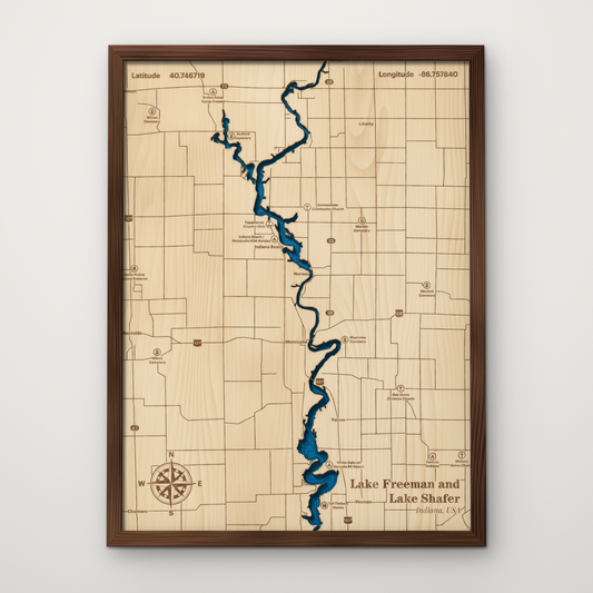 Lake Freeman and Lake Shafer, Indiana, layered wood map with blue painted water and stained walnut frame, by Dirt Road Barns