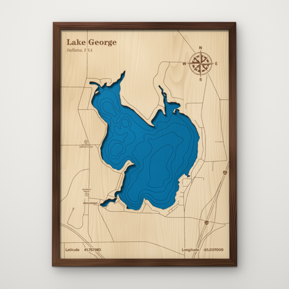 Lake George, Indiana–Michigan line layered wood map with blue painted water and stained walnut frame, by Dirt Road Barns
