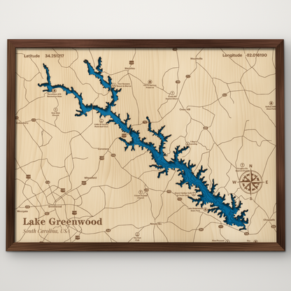 Lake Greenwood, South Carolina, layered wood map with blue painted water and stained walnut frame, by Dirt Road Barns