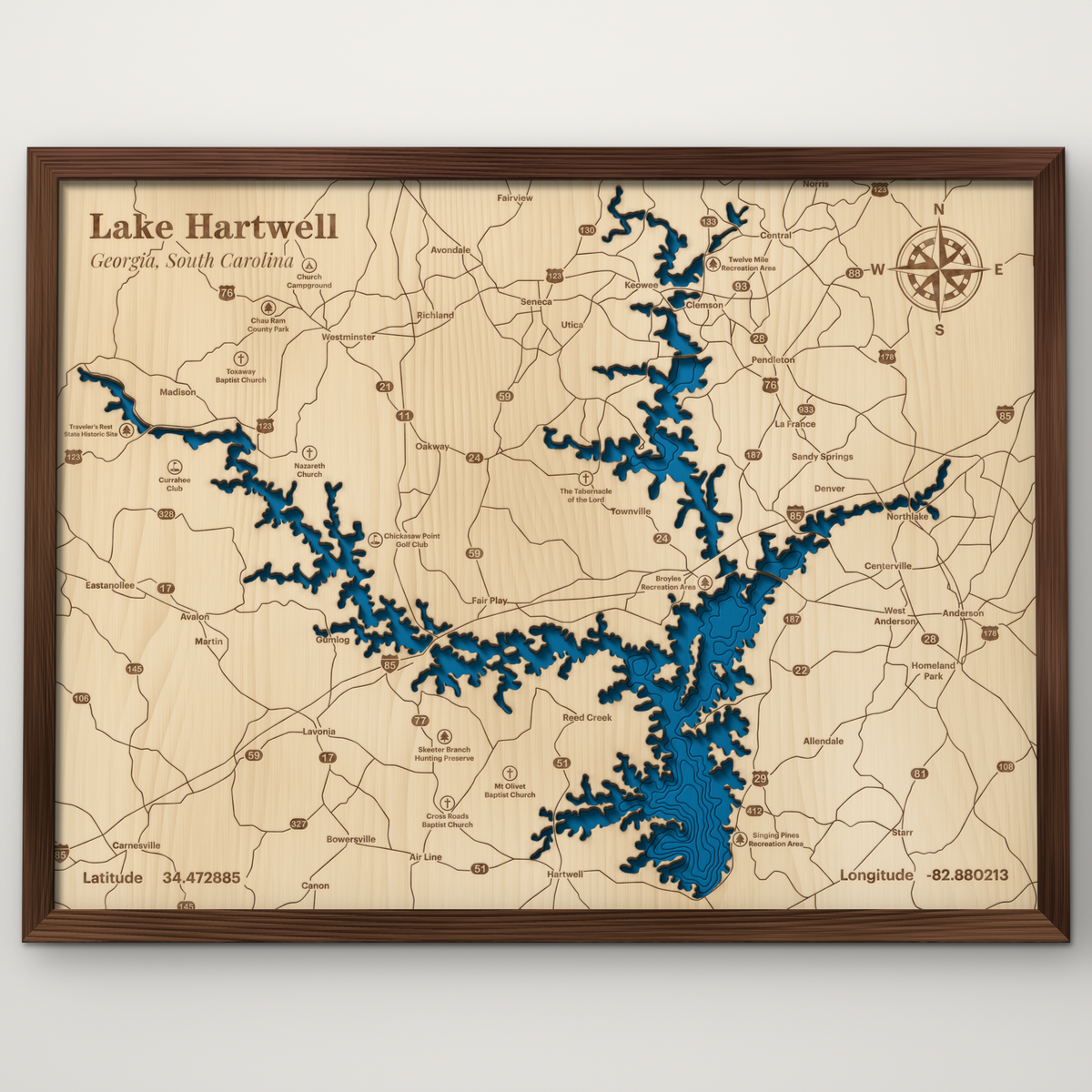 Lake Hartwell, Georgia and South Carolina, layered wood map with blue painted water and stained walnut frame, by Dirt Road Barns