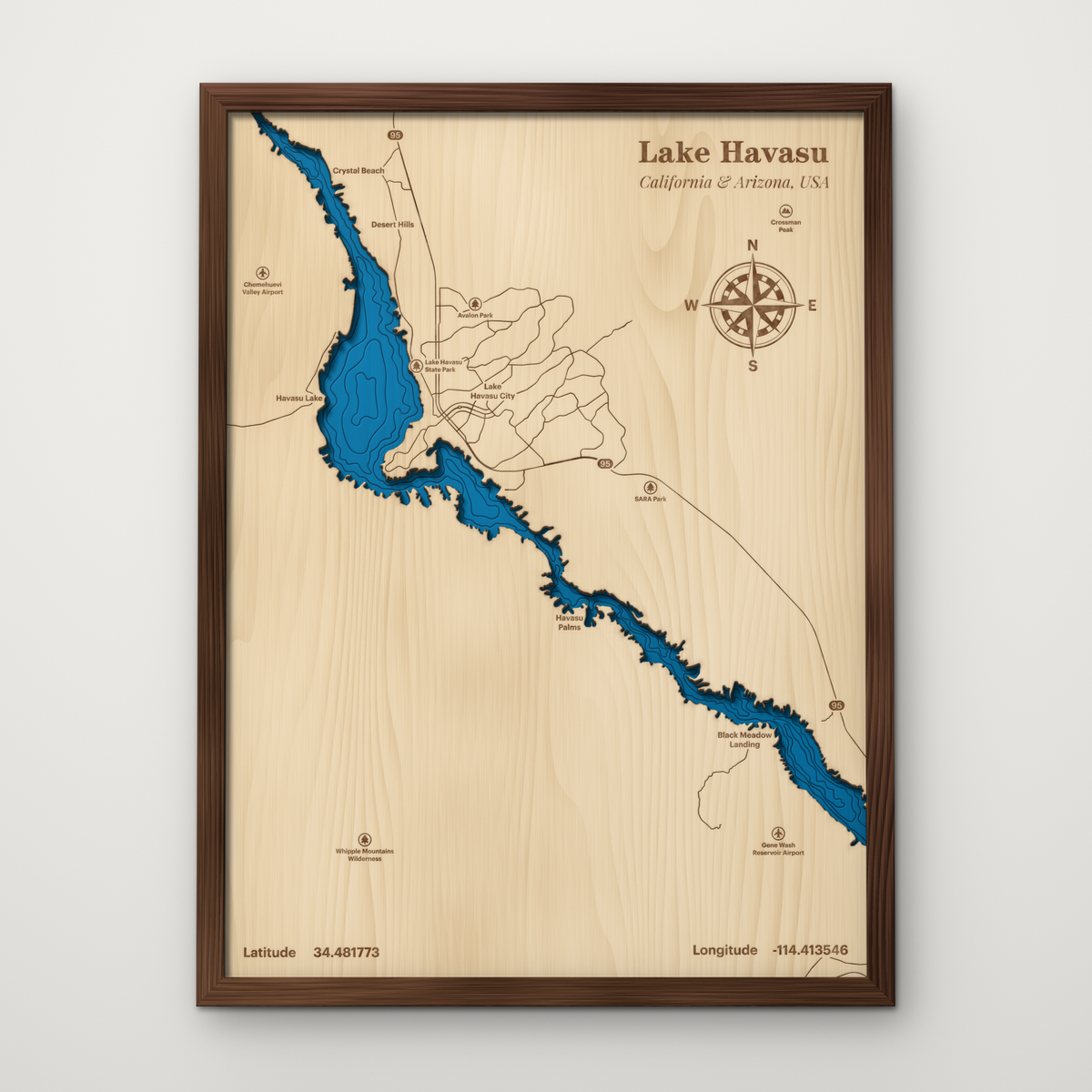 Lake Havasu layered wood map with blue painted water and stained walnut frame, by Dirt Road Barns