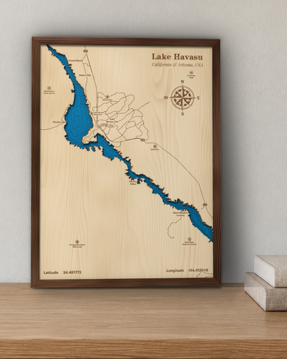 Lake Havasu wood map in a walnut frame standing on a wooden sideboard against a wall for scale