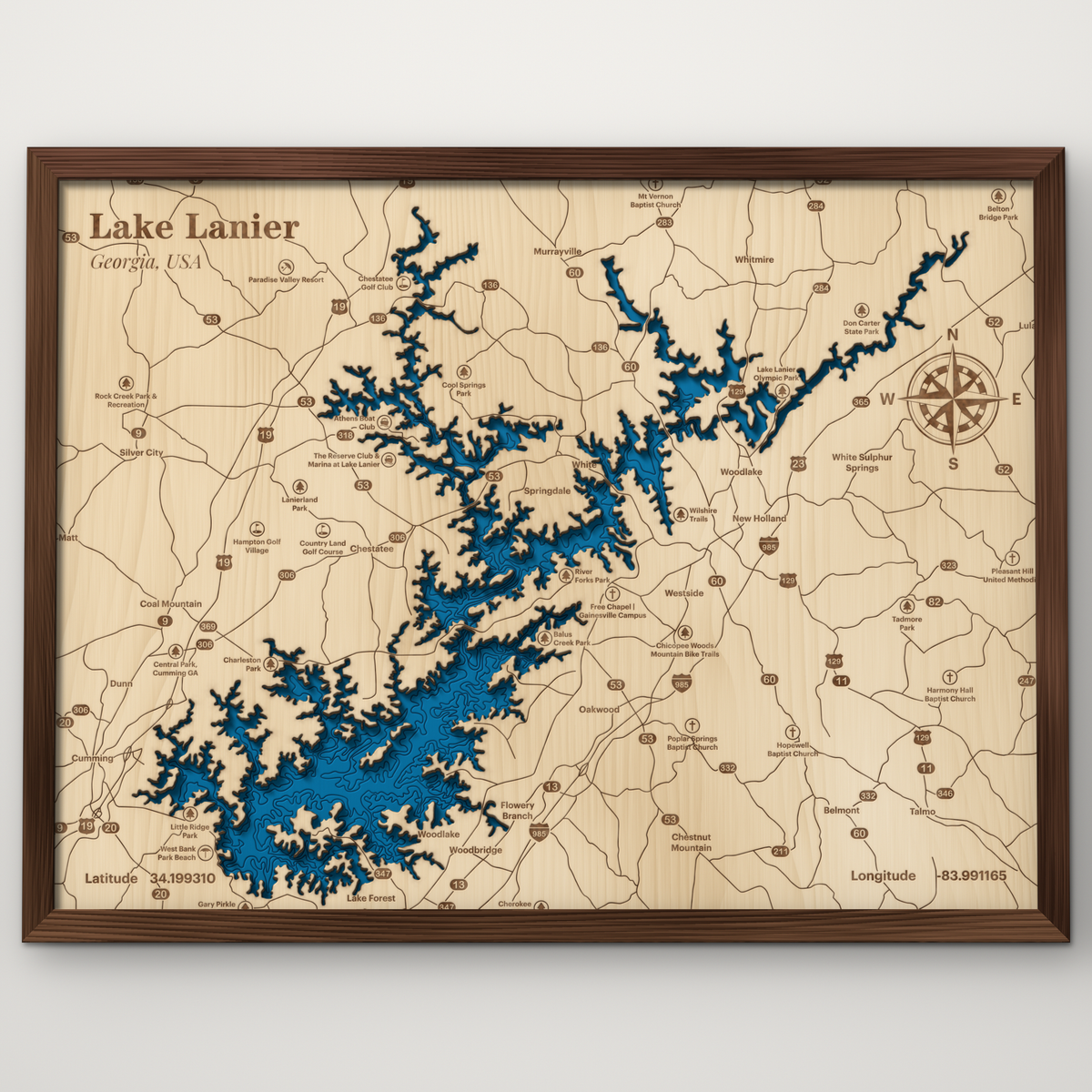 Lake Lanier, Georgia, layered wood map with blue painted water and stained walnut frame, by Dirt Road Barns