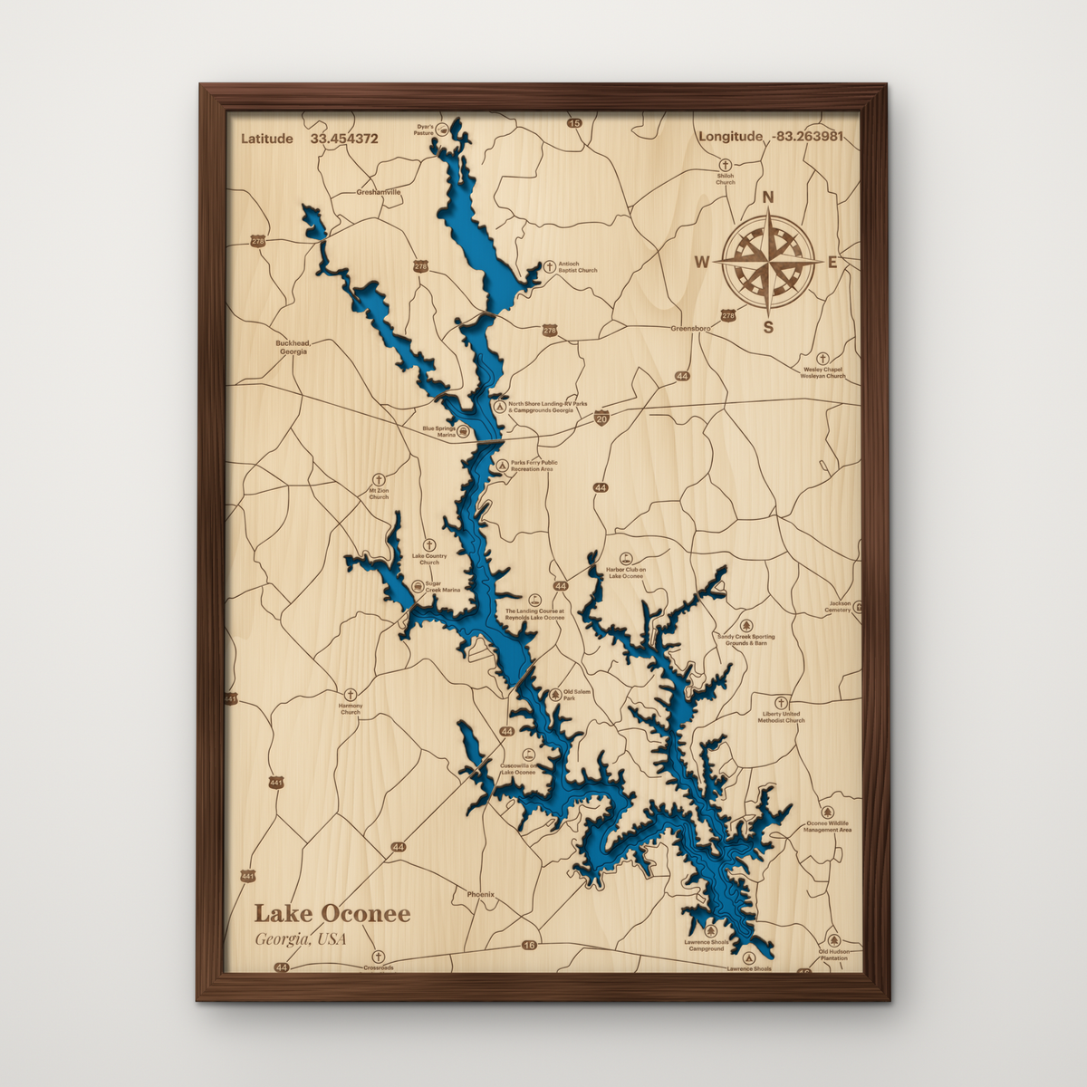 Lake Oconee, Georgia, layered wood map with blue painted water and stained walnut frame, by Dirt Road Barns