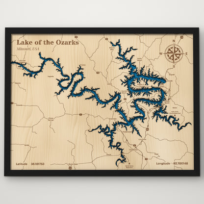 Lake of the Ozarks layered wood map in painted black frame