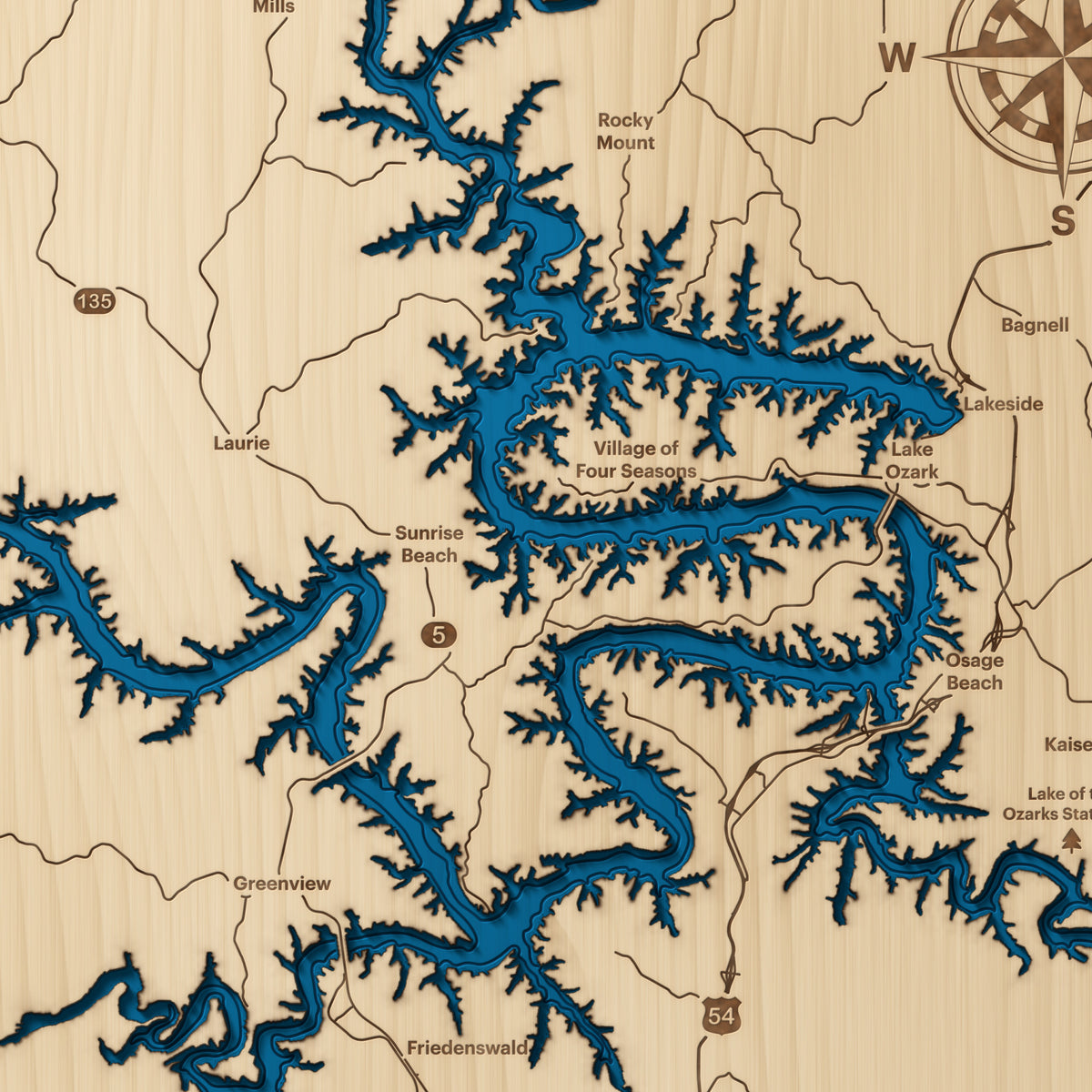 Lake of the Ozarks layered wood map close-up showing hand-cut layers