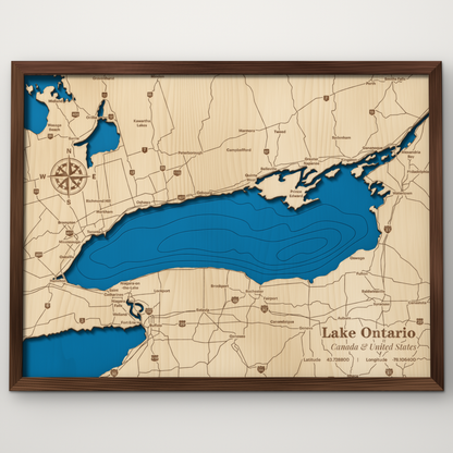 Lake Ontario layered wood map with blue painted water and stained walnut frame, by Dirt Road Barns