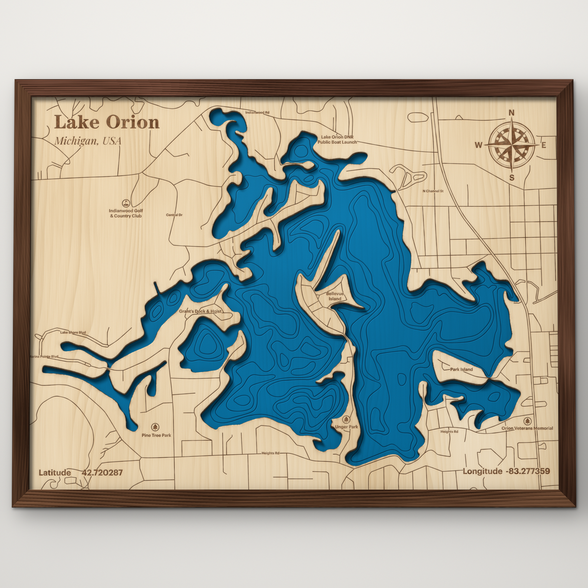 Lake Orion, Michigan, layered wood map with blue painted water and stained walnut frame, by Dirt Road Barns