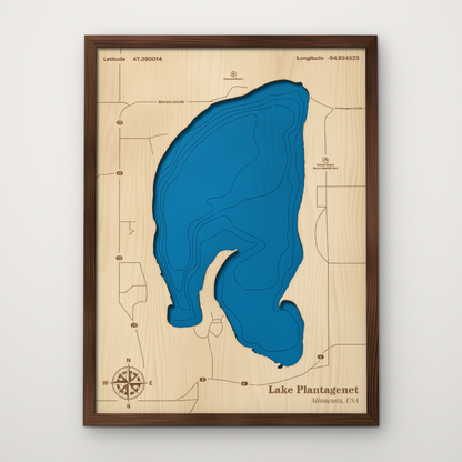 Lake Plantagenet, Minnesota, layered wood map with blue painted water and stained walnut frame, by Dirt Road Barns