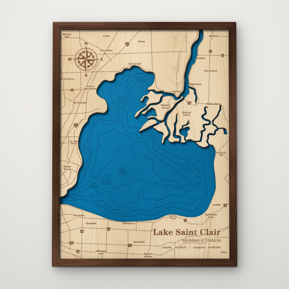 Lake Saint Clair, Michigan and Ontario, layered wood map with blue painted water and stained walnut frame, by Dirt Road Barns