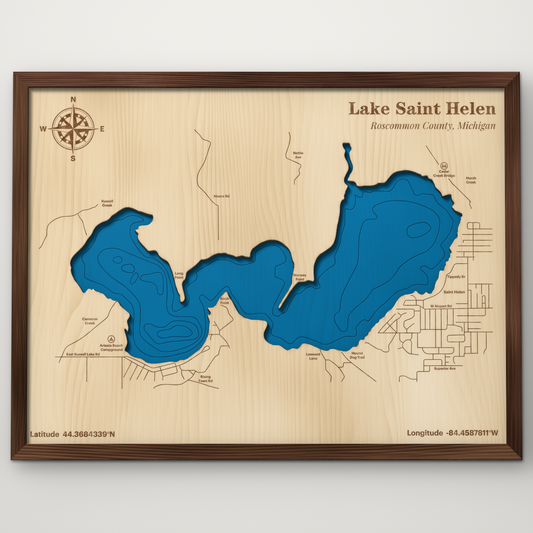 Lake Saint Helen, Michigan, layered wood map with blue painted water and stained walnut frame, by Dirt Road Barns