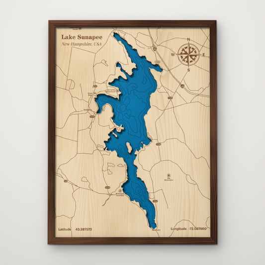 Lake Sunapee, New Hampshire, layered wood map with blue painted water and stained walnut frame, by Dirt Road Barns