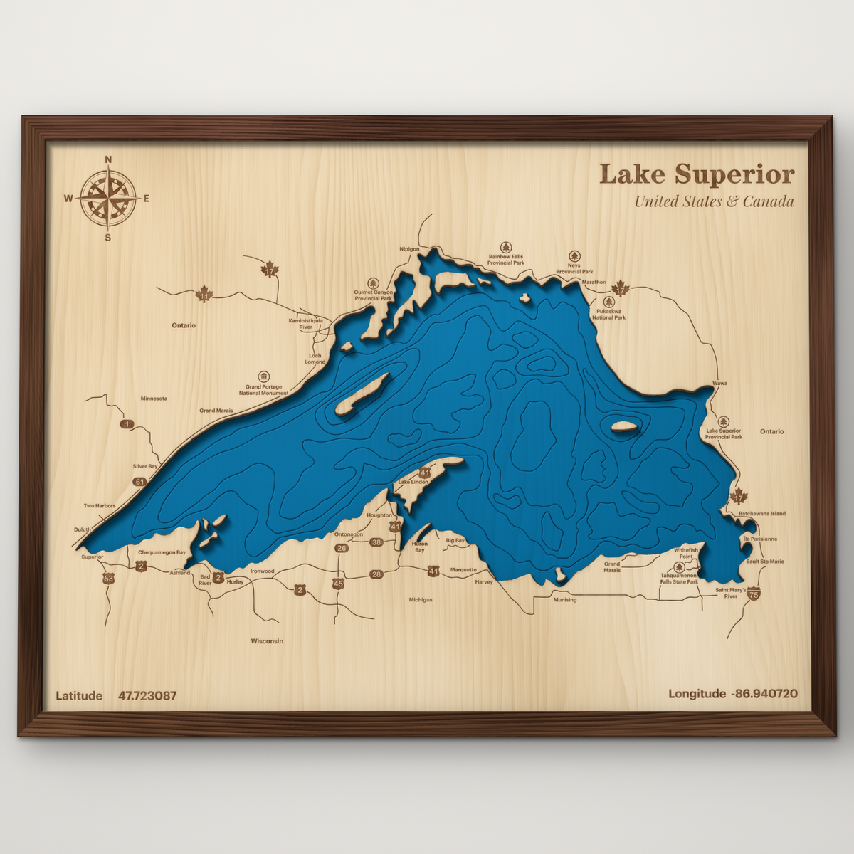 Lake Superior, United States & Canada, layered wood map with blue painted water and stained walnut frame, by Dirt Road Barns