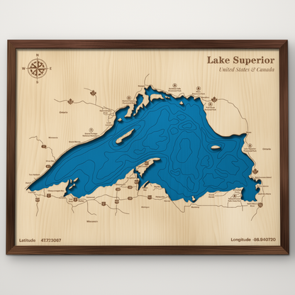 Lake Superior, United States & Canada, layered wood map with blue painted water and stained walnut frame, by Dirt Road Barns