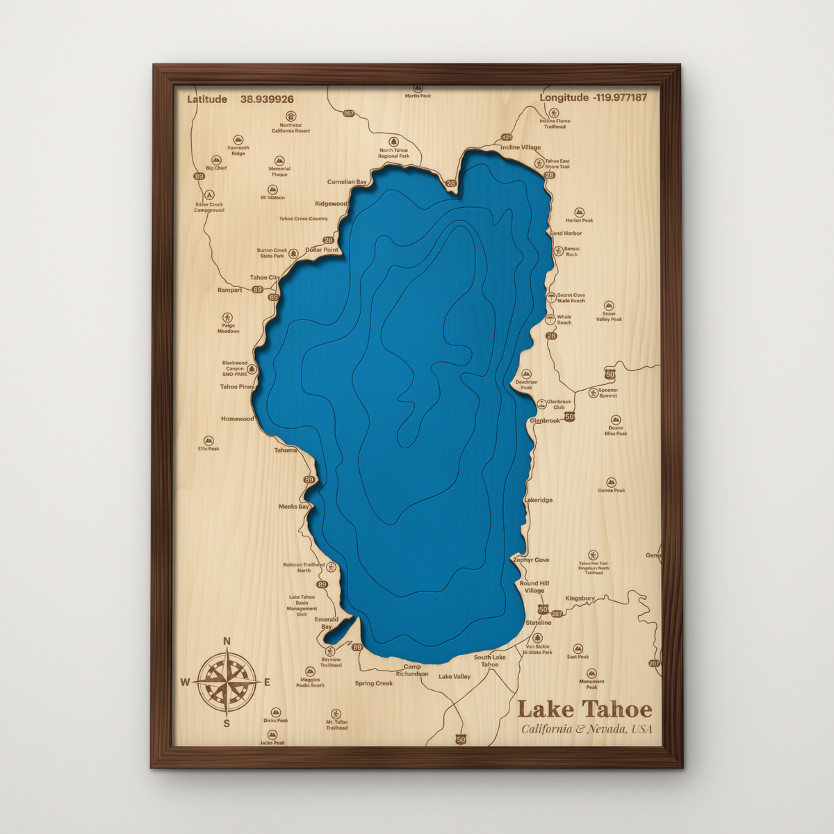 Lake Tahoe, California & Nevada, layered wood map with blue painted water and stained walnut frame, by Dirt Road Barns