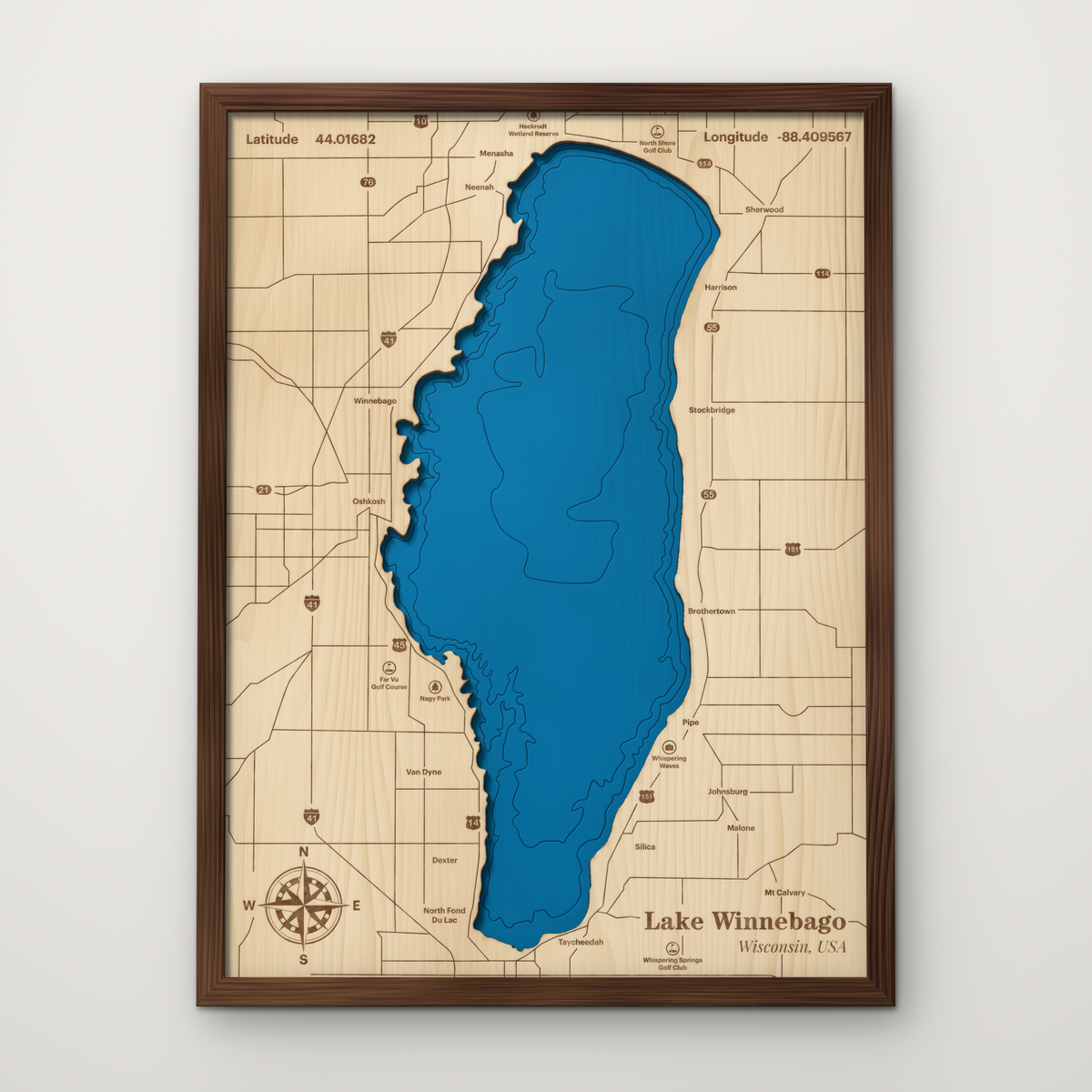 Lake Winnebago, Wisconsin, layered wood map with blue painted water and stained walnut frame, by Dirt Road Barns
