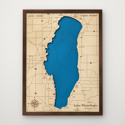 Lake Winnebago, Wisconsin, layered wood map with blue painted water and stained walnut frame, by Dirt Road Barns