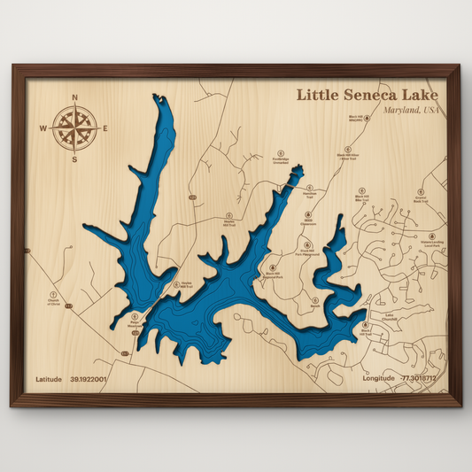Little Seneca Lake, Maryland, layered wood map with blue painted water and stained walnut frame, by Dirt Road Barns