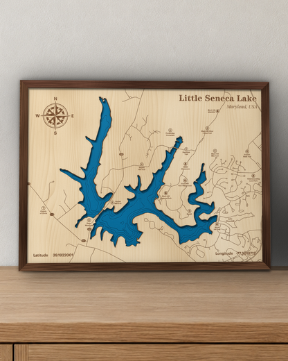 Little Seneca Lake wood map in a walnut frame standing on a wooden sideboard against a wall for scale