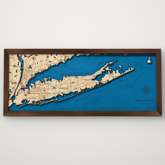 Long Island, New York, layered wood map with blue painted water and stained walnut frame in a long panoramic format, by Dirt Road Barns