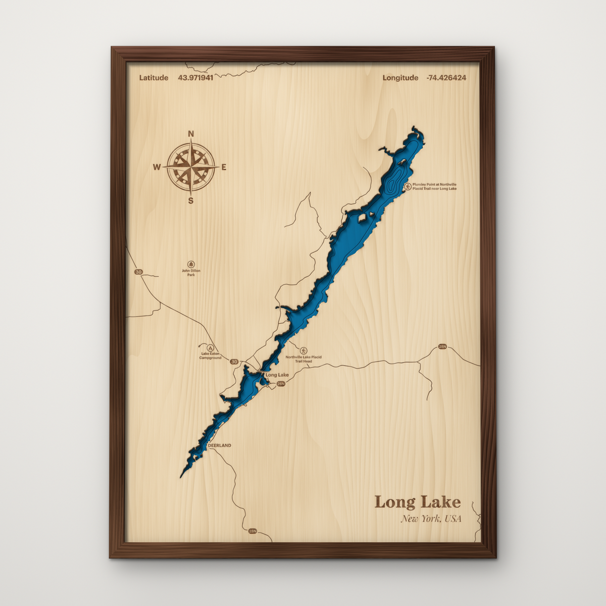 Long Lake, Adirondacks NY layered wood map with blue painted water and stained walnut frame, by Dirt Road Barns