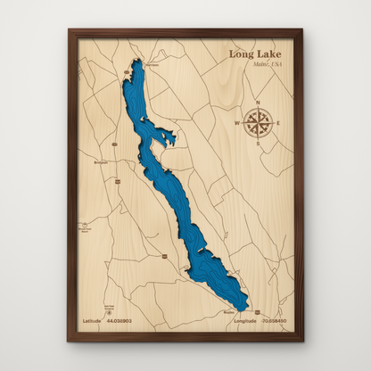 Long Lake, Maine layered wood map with blue painted water and stained walnut frame, by Dirt Road Barns