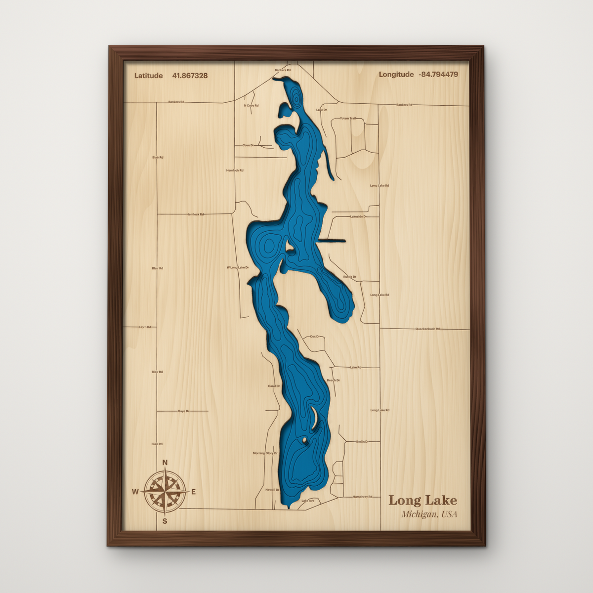 Long Lake, Michigan, layered wood map with blue painted water and stained walnut frame, by Dirt Road Barns