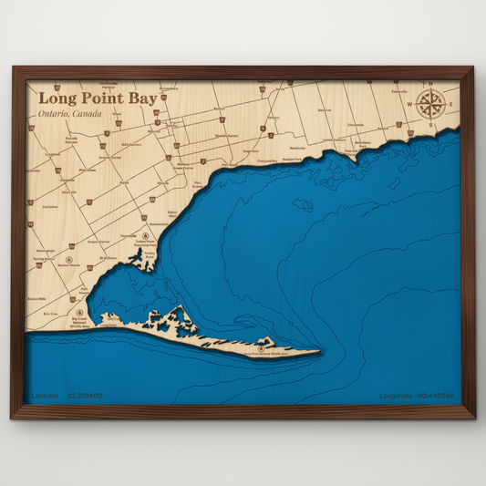 Long Point Bay, Ontario, layered wood map with blue painted water and stained walnut frame, by Dirt Road Barns