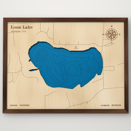 Loon Lake, Genesee County, Michigan, layered wood map with blue painted water and stained walnut frame, by Dirt Road Barns