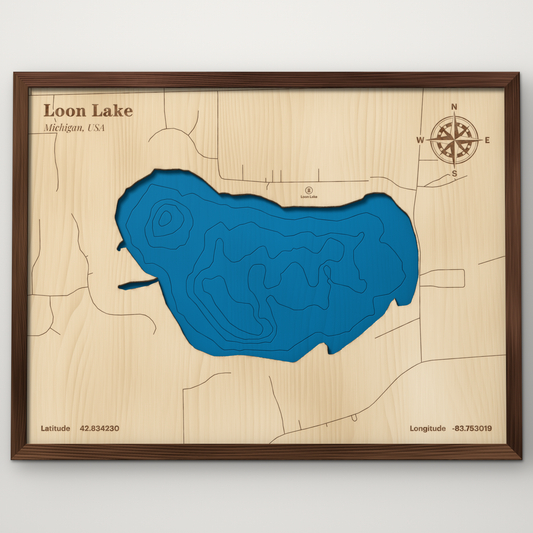 Loon Lake, Genesee County, Michigan, layered wood map with blue painted water and stained walnut frame, by Dirt Road Barns
