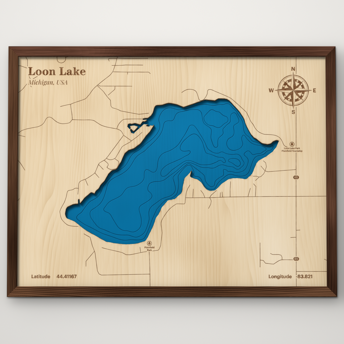 Loon Lake, Iosco County Michigan layered wood map with blue painted water and stained walnut frame, by Dirt Road Barns