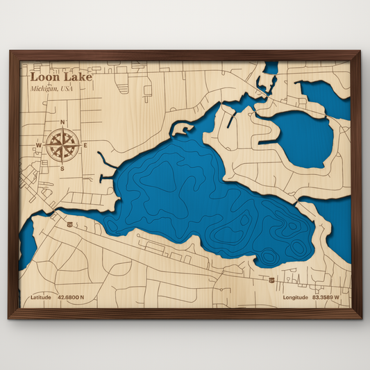 Loon Lake, Waterford Township, Oakland County, Michigan, layered wood map with blue painted water and stained walnut frame, by Dirt Road Barns