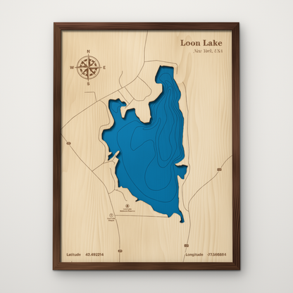 Loon Lake, Steuben County NY layered wood map with blue painted water and stained walnut frame, by Dirt Road Barns