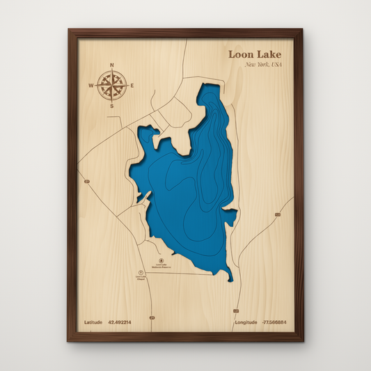 Loon Lake, Steuben County NY layered wood map with blue painted water and stained walnut frame, by Dirt Road Barns