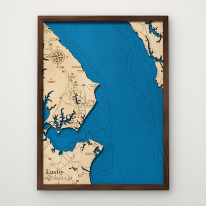 Lusby, Maryland, layered wood map with blue painted water and stained walnut frame, by Dirt Road Barns