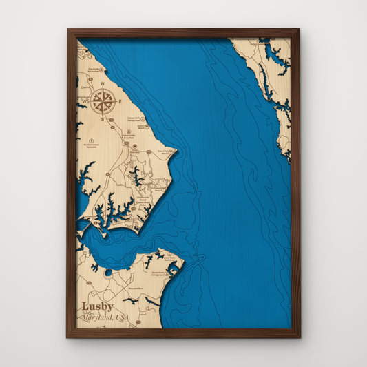 Lusby, Maryland, layered wood map with blue painted water and stained walnut frame, by Dirt Road Barns