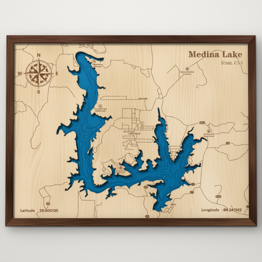 Medina Lake, Texas, layered wood map with blue painted water and stained walnut frame, by Dirt Road Barns
