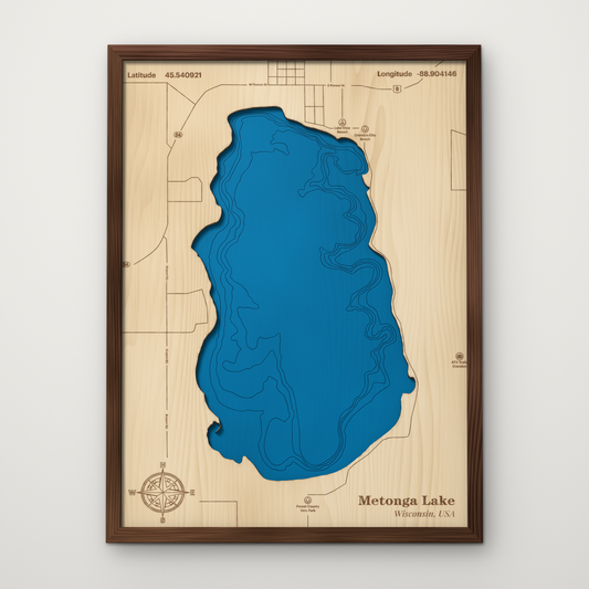 Metonga Lake, Wisconsin, layered wood map with blue painted water and stained walnut frame, by Dirt Road Barns