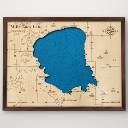 Mille Lacs Lake, Minnesota, layered wood map with blue painted water and stained walnut frame, by Dirt Road Barns