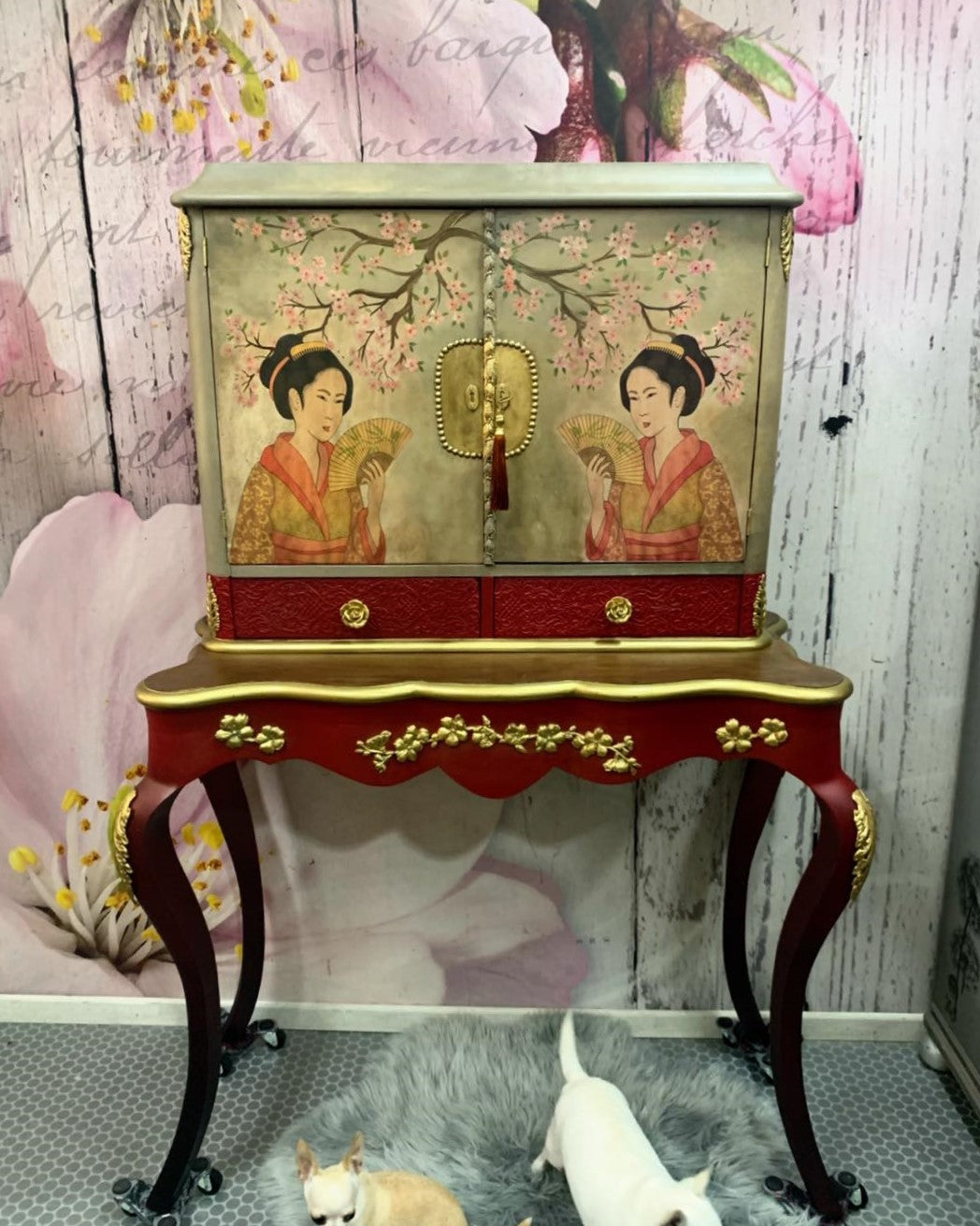 Geisha REVERSED decoupage paper on furniture